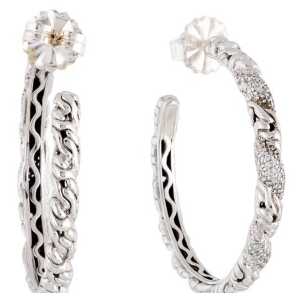 JOHN HARDY DIAMOND STERLING SILVER & 18K GOLD HOOP EARRINGS - Picture 6 of 8